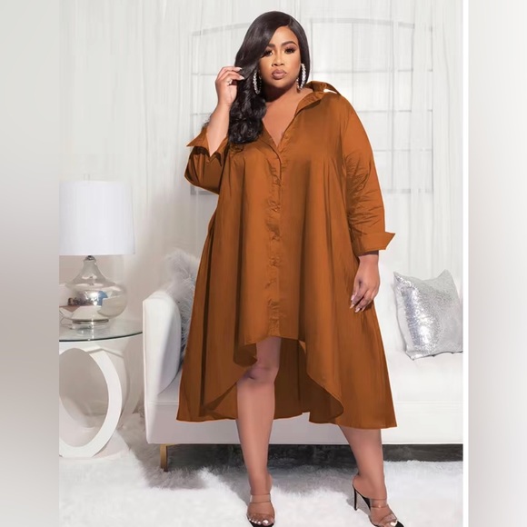 Plus Size Satin Button Front Hem Oversized Elegant Loose Fit Shirt Dress - Picture 8 of 13